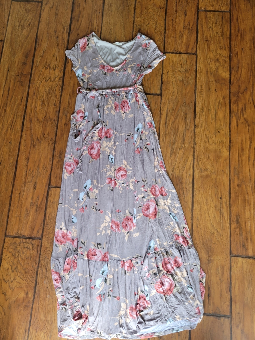 Floral Maternity  Maxi Dress in Gray with Pink Roses